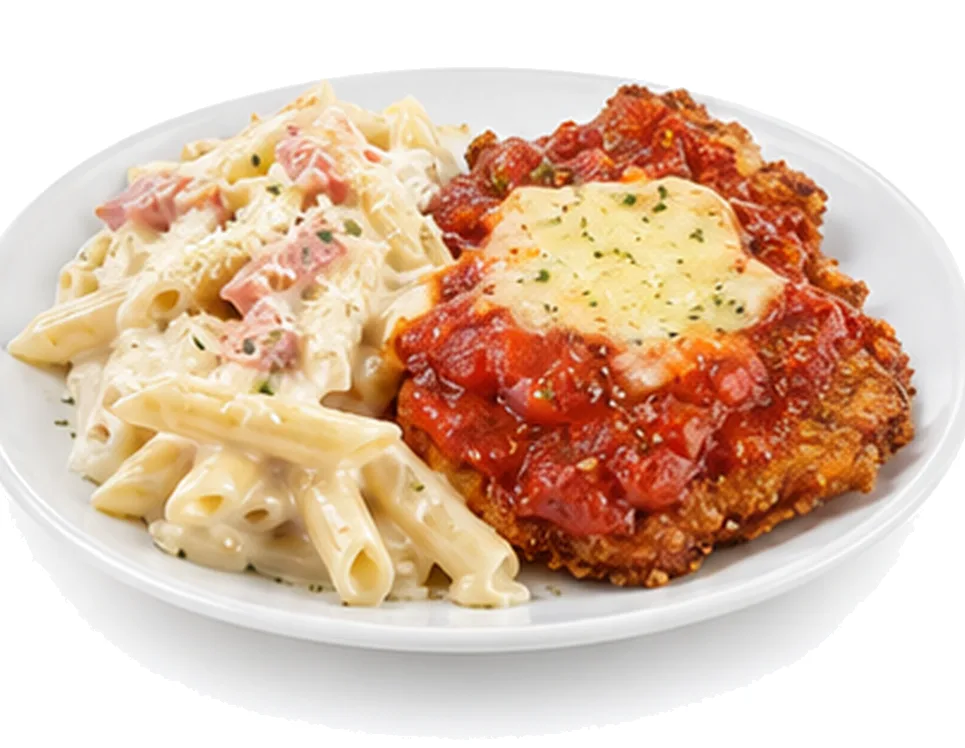 Schnitzel Parmigiana with Penne Carbonara